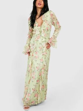 BooHoo Ruffle Floral Jacquard Chiffon Floral Maxi Dress